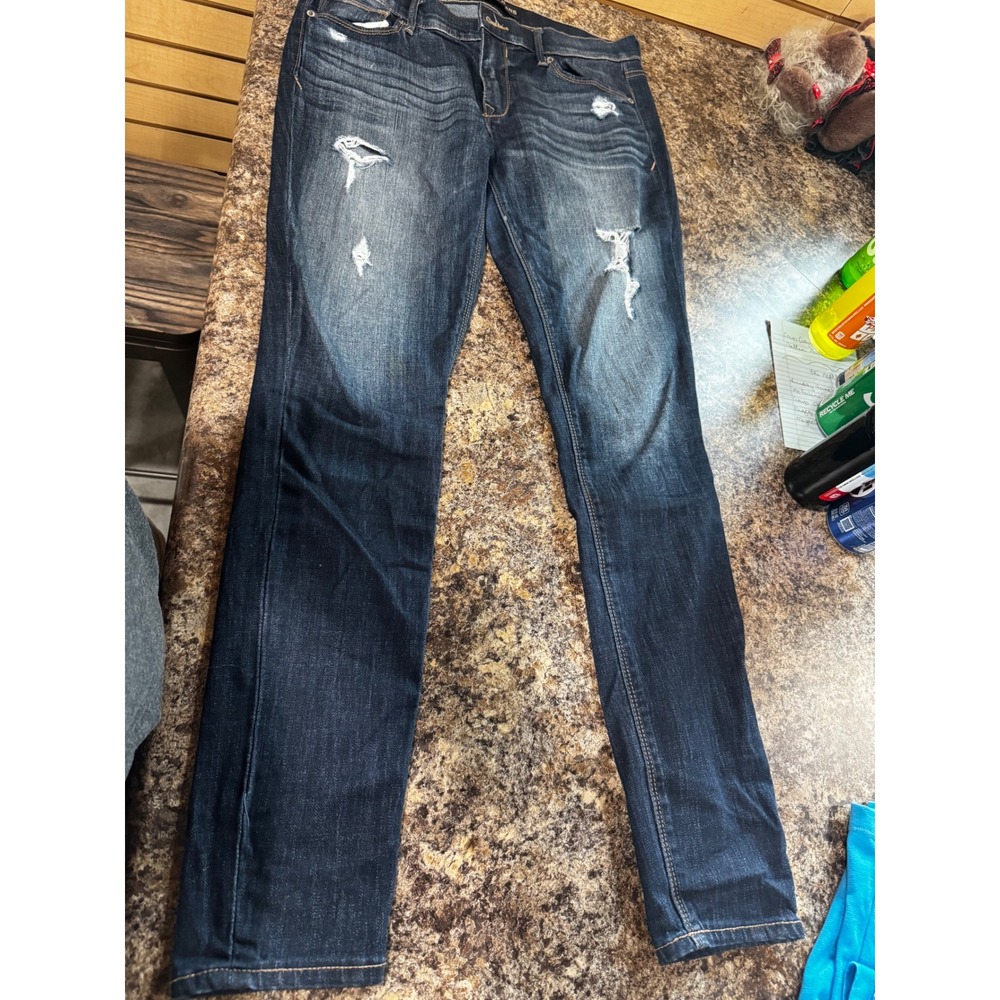 Express Jeans Womens 12L Legging Mid Rise Dark Wash Distressed Denim Blue Pants
